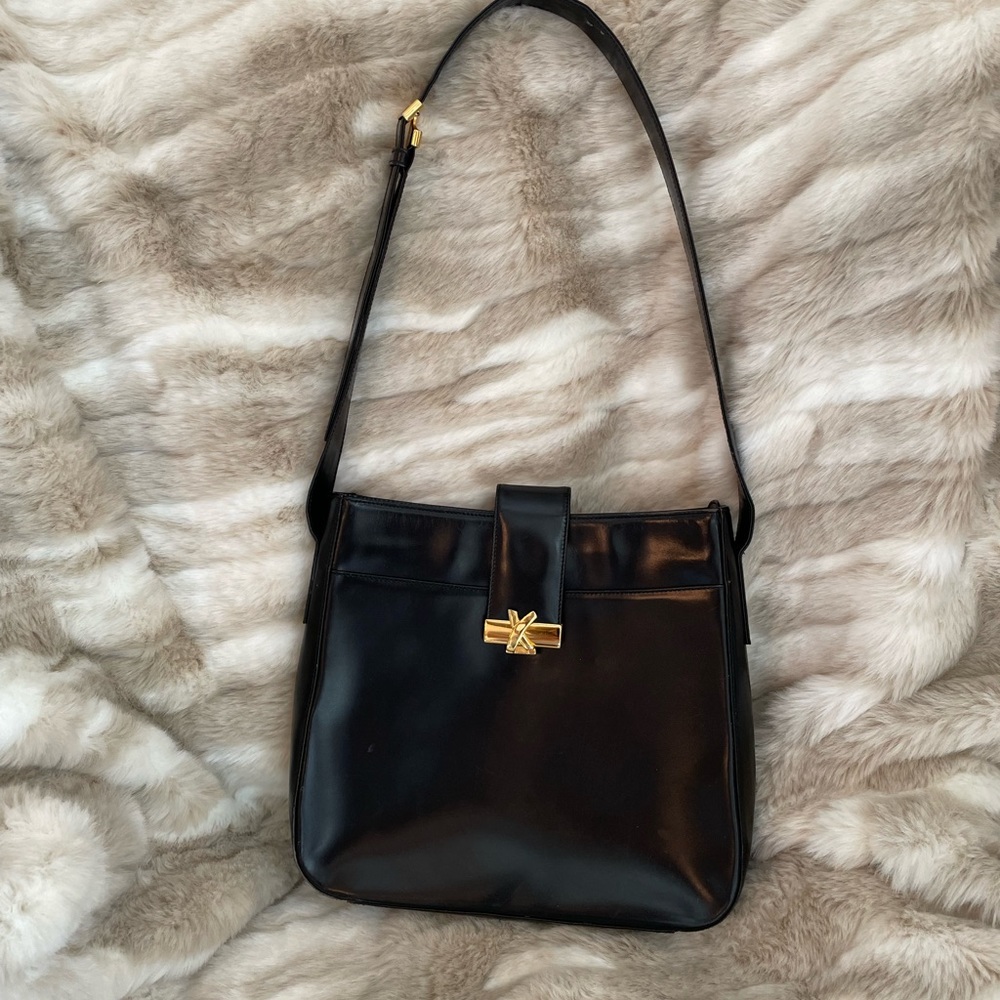Vintage Paloma Picasso Black Leather Designer Purse Shoulder Bag. Pre-Owned